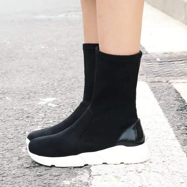 Flache {zorssar} Leder Kn Elastische Schuhe Frau chel 2018 Flock Winter SchwarzGrau Warme Schneeschuhe Neue Ankunft Frauen Komfort UqzMVpGS