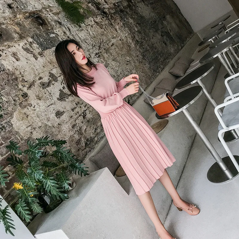 Winter Autumn Female Elegant Long Sleeve Girl Slim Dresses Vintage A-line Pleated Knitwear Knitted Sweater Dress for Women