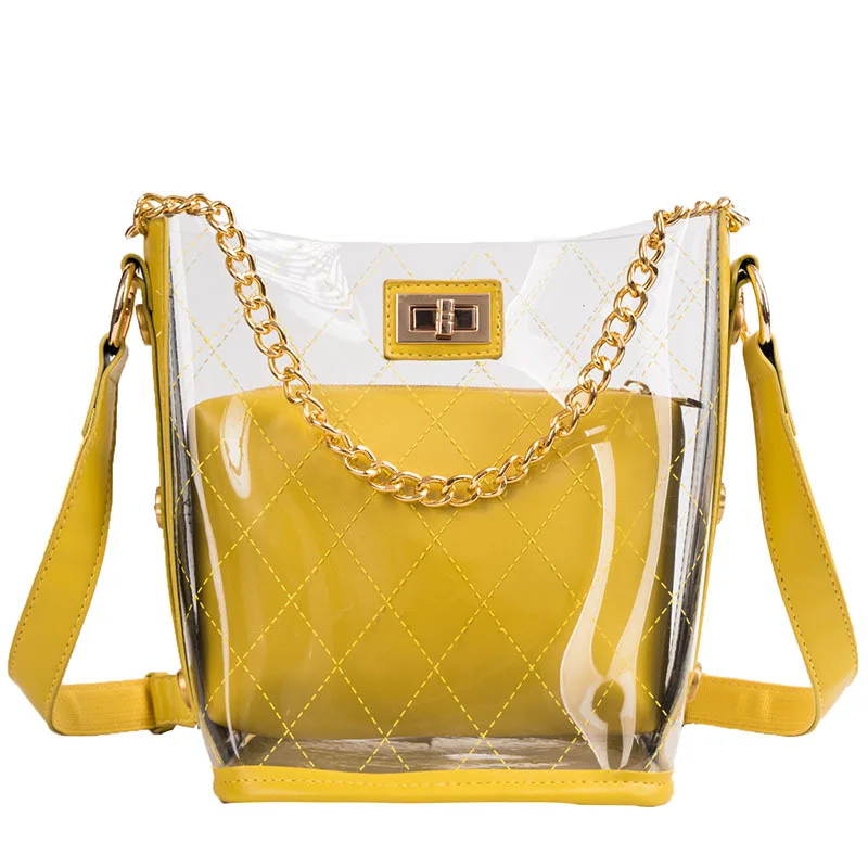 

Ougger Small Shoulder Bag Female Crossbody Bags Korean Style Yellow PVC Composite Bag with Chains for Shopping