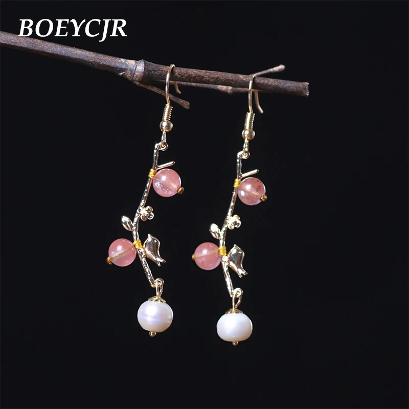 

BOEYCJR Ethnic Vintage Gold Color Branch Stone Bead Dangle Earrings Jewelry Simulated-pearl Drop Hook Earrings For Women 2019
