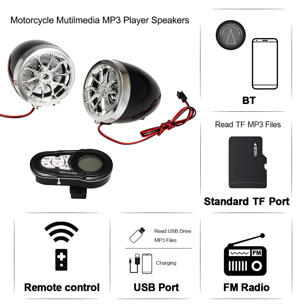 

Motorcycle Mutilmedia MP3 Player Speakers Audio FM Radio Security Alarm Wireless BT Remote with USB TF Card Slot