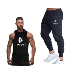 Новые мужские джоггеры Брендовые мужские брюки, тренировочные брюки в повседневном стиле+ жилет с капюшоном 2 шт. комплект мужские для тренажерного зала фитнеса тренировок хип-хоп Эластичный костюм