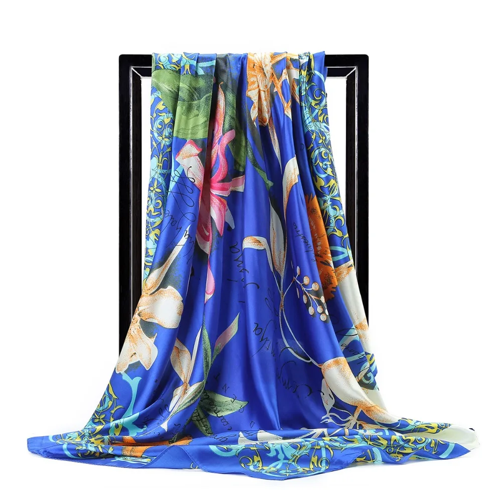 

Silk Scarf Women Luxury Brand Foulard Blue Flower Print Square Head Scarves Satin Hijab Fashion Shawl Wraps Handkerchief 90*90