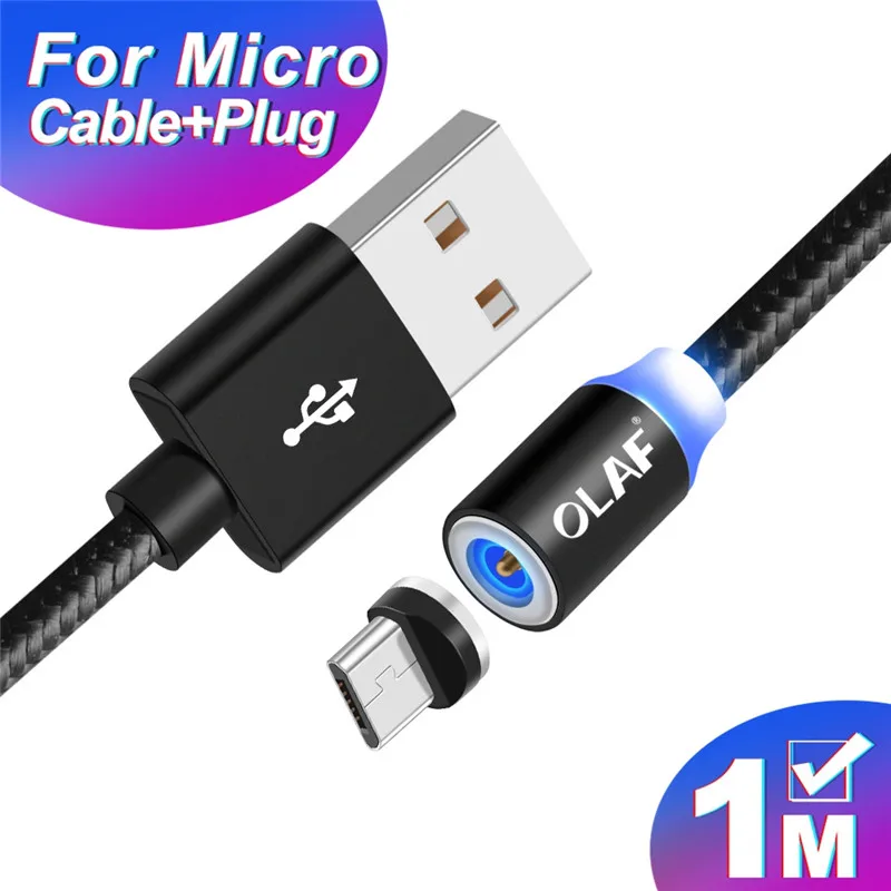 Магнитный Micro USB кабель OLAF 2A Зарядка 1 м 2 м светодиодный магнитный кабель для зарядки и передачи данных для Xiaomi 4X huawei P8 Lite samsung A5 J5 J7 - Цвет: 1M Black Micro Cable