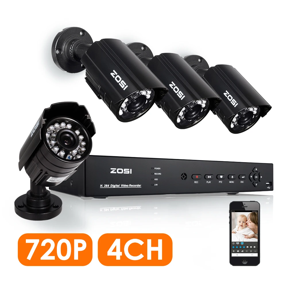  ZOSI 4CH CCTV System 720P DVR 4PCS 1.0MP IR Weatherproof Outdoor Camera Home Security System Surveillance Kits Email Alert 