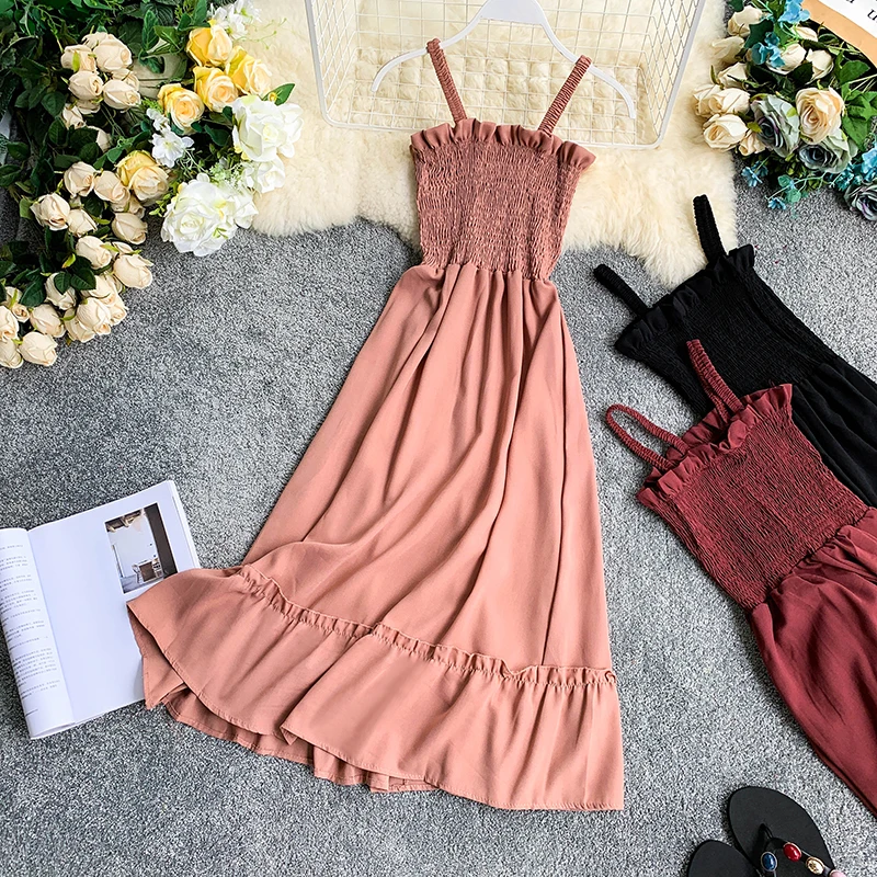 

Pure Color High Waist Thin Dress Summer Women Sleeveless Sexy Summer Vestidos F704