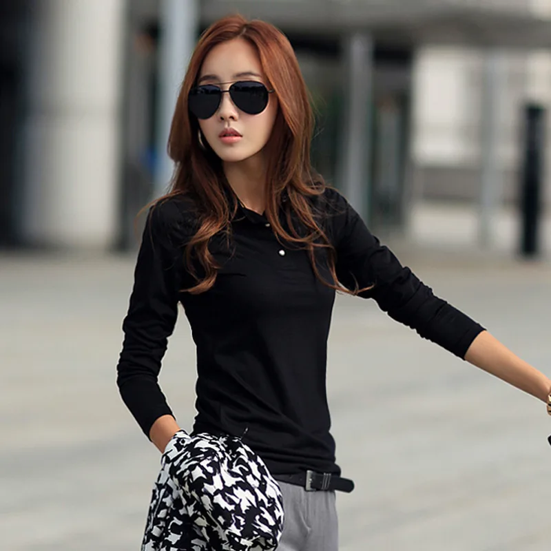 Polo informal de manga larga para Mujer, Tops ajustados en negro, blanco y rojo, camiseta de talla grande Mujer 95% de algodón|Camisas polo| - AliExpress