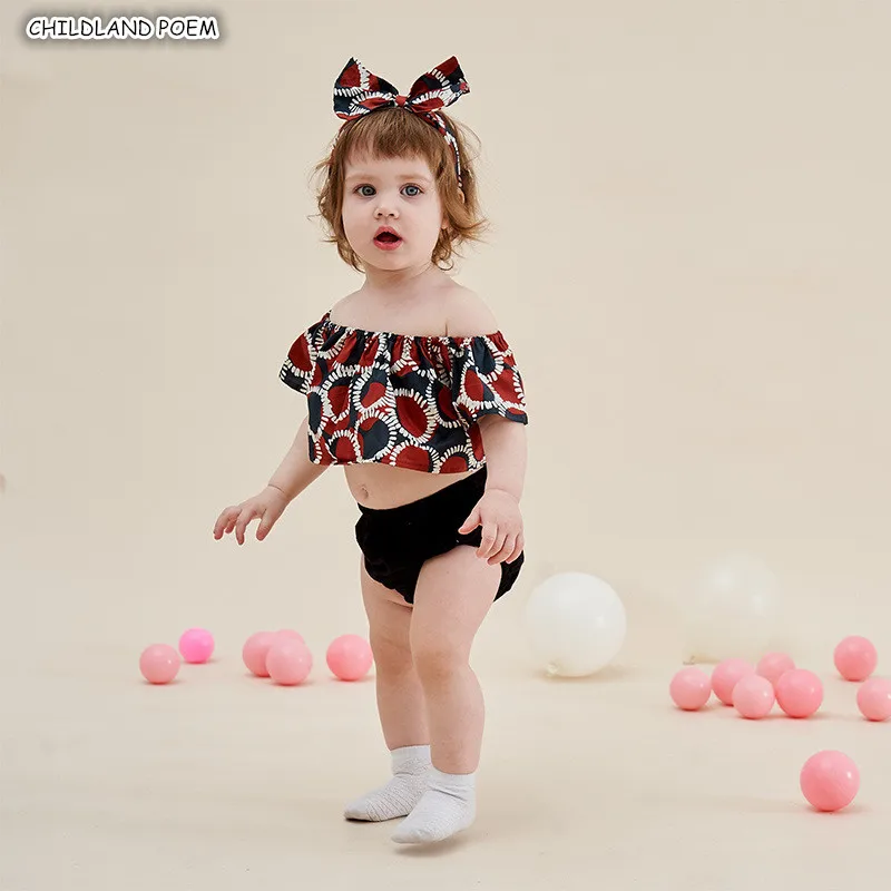 

Baby Girl Clothes Summer Toddler Girls Clothing Set Ruffle Off-Shoulder Baby Top +Shorts + Headband 3pcs Baby Clothes For Girl