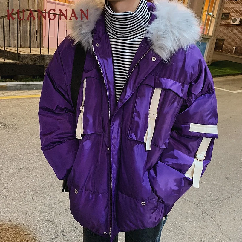 KUANGNAN Purple Fur Hooded Winter Jacket Men Parka Long