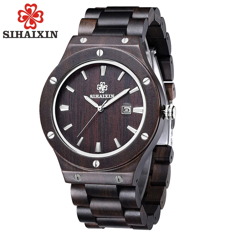 

SIHAIXIN Luxury Vintage Natural Wooden Men Watches All Black Sandalwood Band Hot Sale Japan Quartz Clock Male With Gift Box 2018