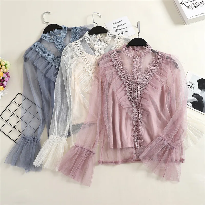

Two Piece Shirt +Tank Tops New Women Hollow Out Mesh Blouse Sweet Ruffles Lace Shirts Female Bottoming Long Sleeve Blouses A1169