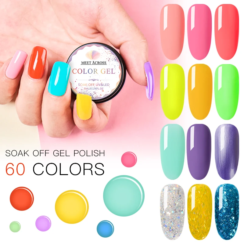 

MEET ACROSS 60 Color Glitter Nail Gel Polish 5ml Shiny Rainbow Pure Color Soak Off UV LED Art Lacquer For Nail