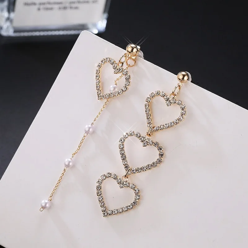 Download Simple Rhinestone Hollow Heart Long Tassel Dangle Earrings Pearl Asymmetrical Earrings for Women ...