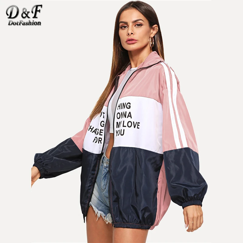 low cost Dotfashion Striped Letter Zip Up Color-Block Windbreaker Jacket Women 2019 Casual Streetwear Coat S