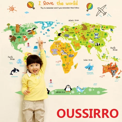 

OUSSIRRO Sticker wall my cute the little world map children bedroom green background removable wall stickers wallpaper kids poni