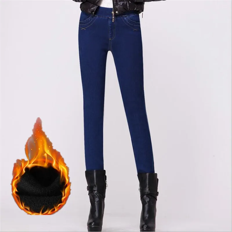 2019 стрейч Для женщин упругие талии джинсы карандаш плюс бархатные штаны толстые утепленные штаны женские зимние штаны для супер