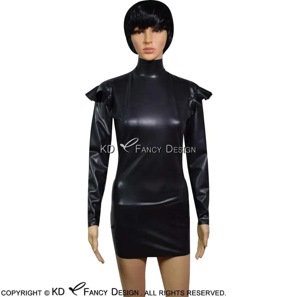 Black Sexy Latex Dress With High Collar Frills On Sleeves Zipper At ...