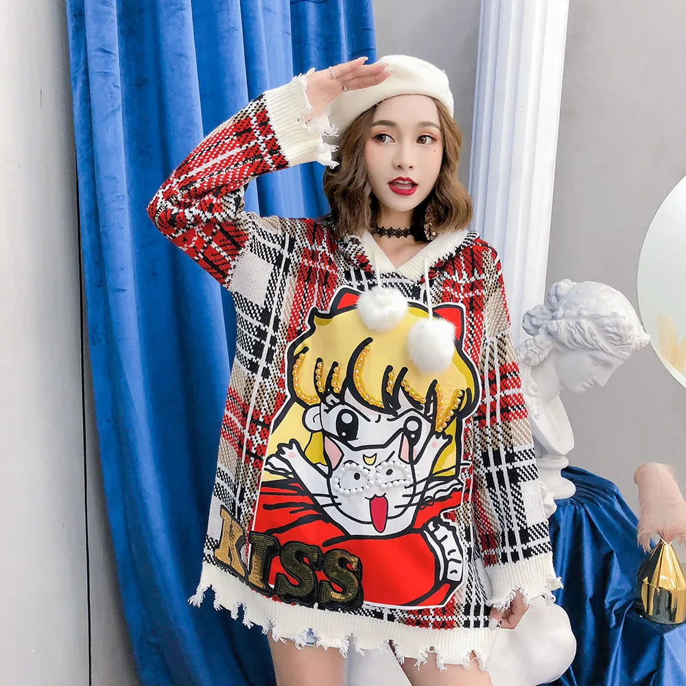 

MUMUZI long sleeve hooded cute cartoon sweater women 2018 autumn winter casual thick warm beading plaid pullover tops women