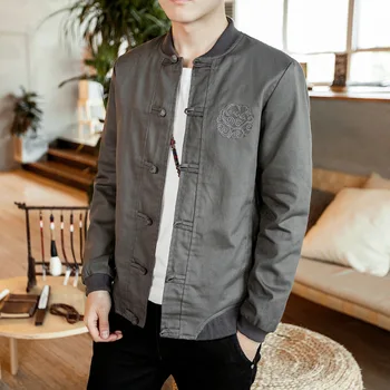 

Men's casual button-down high-grade brand jacket Chinese style 80s cotton linen embroidery vintage jackets fashion top coat