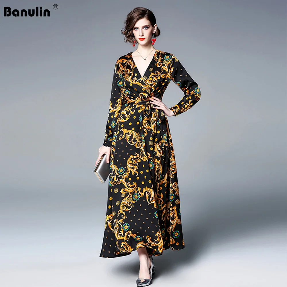 

Banulin Vintage Floral Pirnt Bohemian Long Dress Women Autumn Winter Tunic Maxi Beach Dress gold Female Floor-Length Vestido
