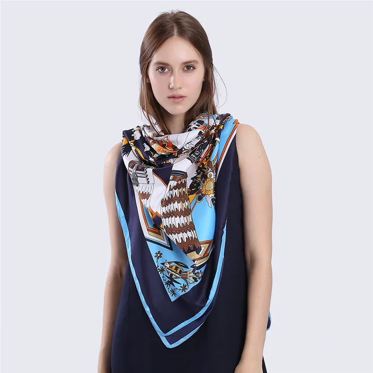 POBING Twill шелковый шарф Hopi с принтом шейный платок индийский перо женские квадратные шарфы женские большие хиджаб 130 см