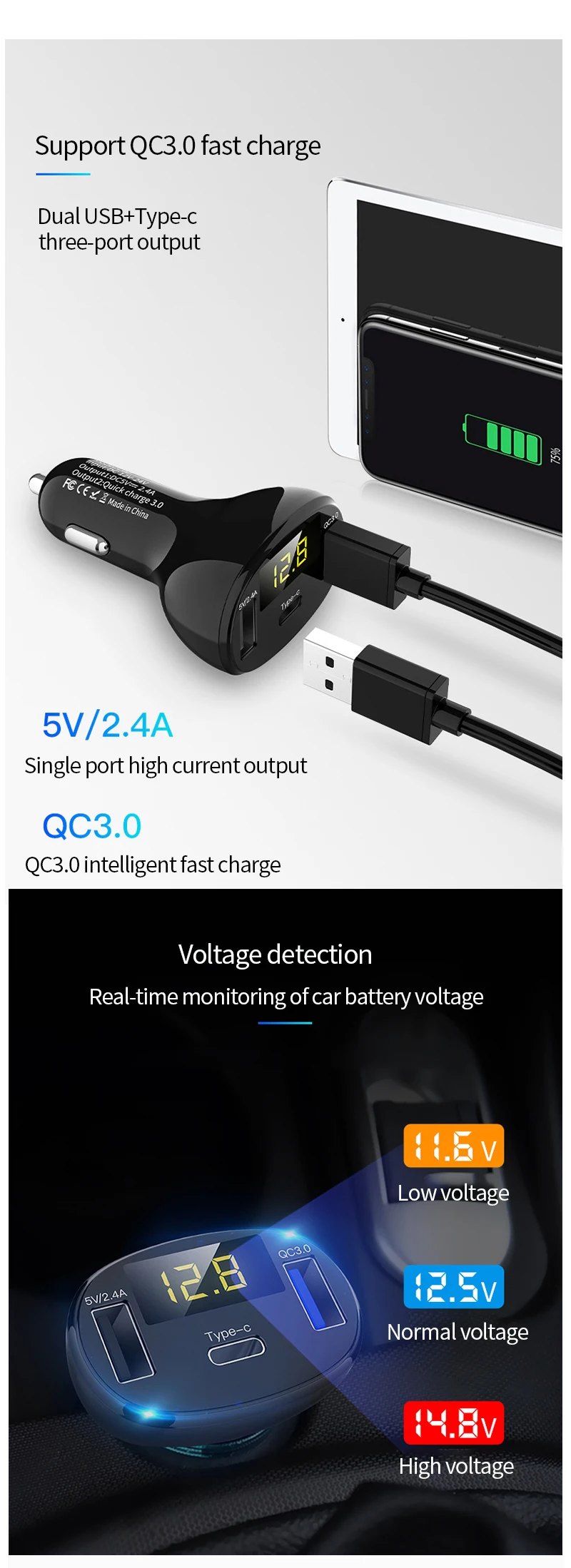 Автомобильный прикуриватель зарядное устройство type-c USB разветвитель напряжения светодиодный дисплей QC 3,0 быстрое зарядное устройство адаптер Аксессуары для авто