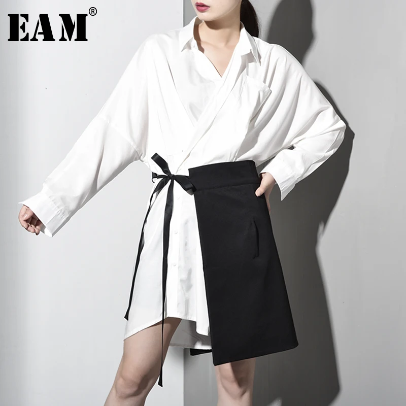

[EAM] 2019 New Autumn Winter Lapel Long Sleeve White Loose Irregular Bandage Two Piece Shirt Women Blouse Fashion Tide JS1070