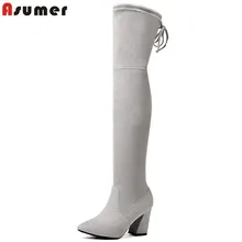 ASUMER 2018 New Faux Suede women boots high heels thigh high boots snow autumn fashion sexy slim over the knee boots lady shoes asumer big size 33 43 fashion over the knee boots round toe zip autumn winter boots faux suede ladies thight high boots 2018 new