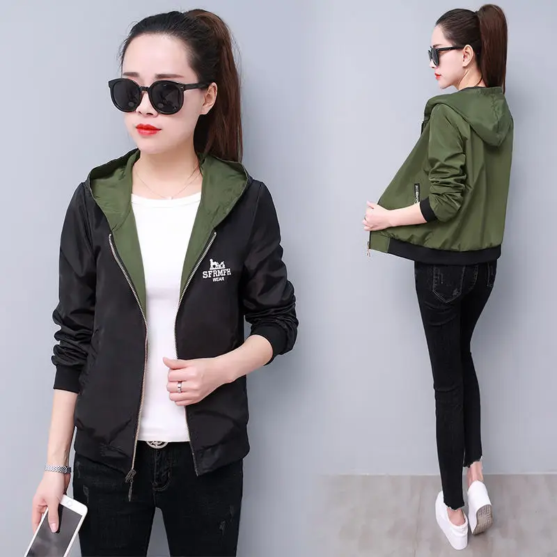 

New Fashion Autumn Hooded Womens Windbreak Jacket Big Size Loose Top Basic Coat For Ladies Both Sides Can Wear Outwear Coats