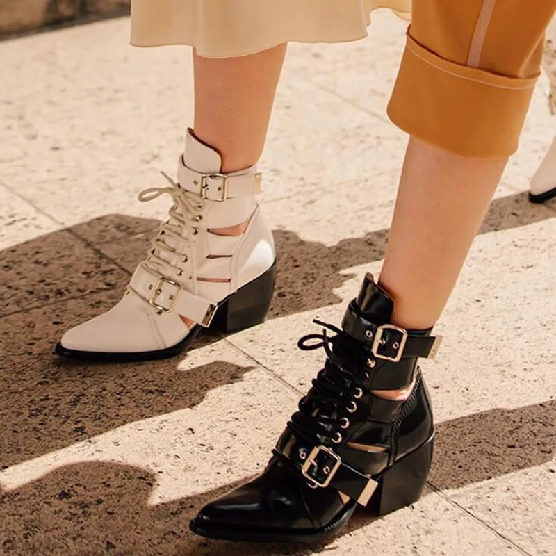 

2018 New Woman Ankle Boots Shoes Lace Up Weige Heels Pointed Toe Hollow Leather Boots Designer Woman Casual Boots Tide Plus Sze
