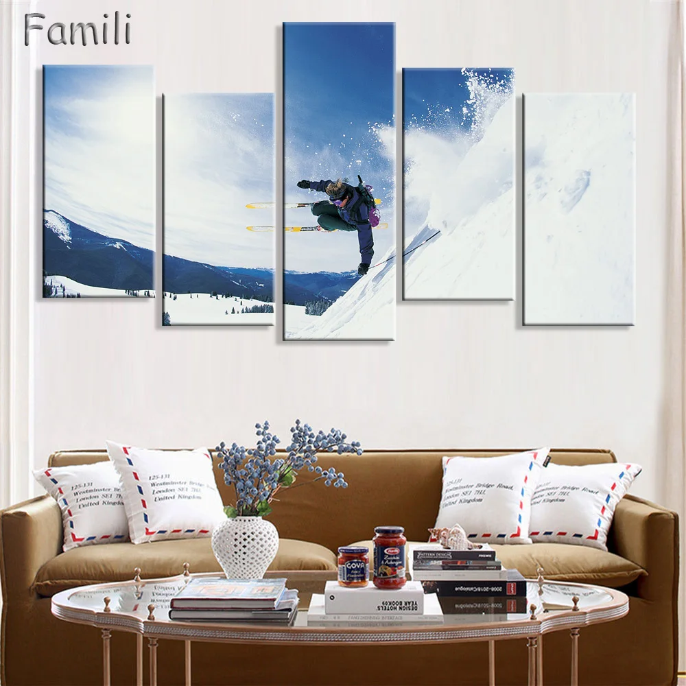 

5 piece Winter Sports Ski Silk Home Decorative Painting Canvas Posters Mountain Ski Jump Landscape Tourism Extreme Sports