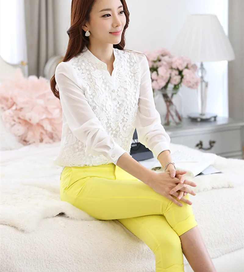 Nice New Vogue Lace font b Blouse b font Beading Crochet White Popular Long Sleeve Chiffon