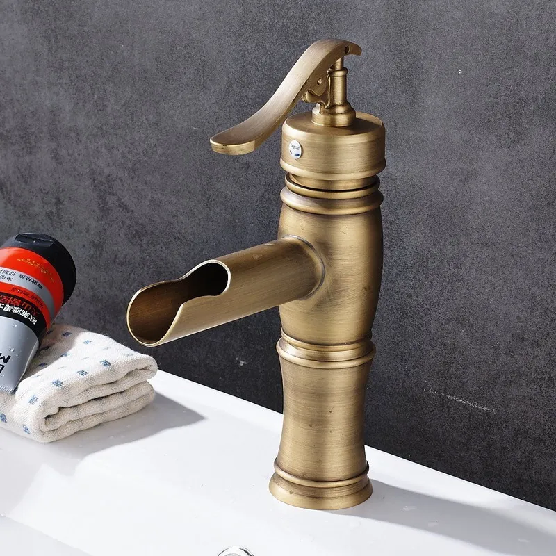 Antique Brass Bathroom Basin Vessel Sink Faucet Single Handle Waterfall Spout Mixer Tap KD305 Antique Brass Bathroom Basin Vessel Sink Faucet Single Handle Waterfall Spout Mixer Tap KD305