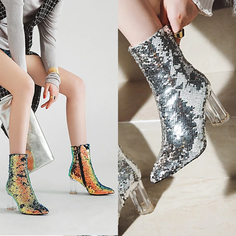 Europe and America sexy pointed crystal with ankle boots female autumn and winter sequin dress banquet Martin boots high heels. Europe and America sexy pointed crystal with ankle boots female autumn and winter sequin dress banquet Martin boots high heels.