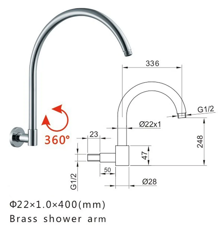 

400mm G1/2" Round Chrome Shower Head Extension Wall Mounted Adjustable S Shower Arm 04-083