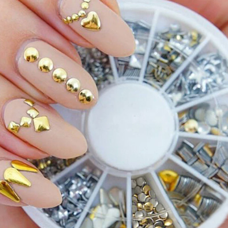 

300Pcs/Set 6 Styles Silver + Golden 3D Shiny Metallic Luster Nail Decoration Wheel Round Stickers Area Punk Rivet Studs L0006