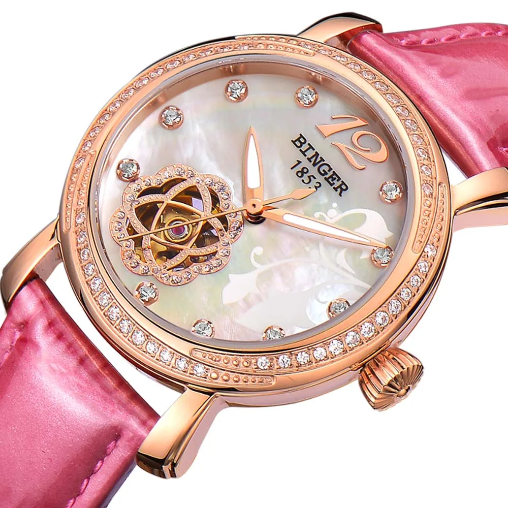 Japan MIYOTA Automatic Watches BINGER Brand Women Mechanical Watch Female Form Queen Series Rose Gold Waterproof Diamond - Цвет: 01