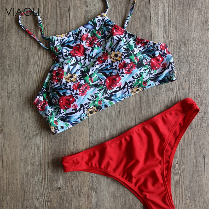 

Vintage High Neck Bikini Suit 2018 Sexy Red Print Female Swimsuit Push Up Swimwear Women Swimming Suit Beachwear Bathing Suit