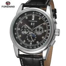 FSG319M3S34 Forsining Automatic self-wind dress men moon phase watch black genuine leather strap free shipping with gift box