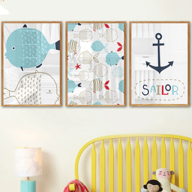Ocean World Baby Animal Fish Anchor Wall Art Canvas Painting Nursery Nordic Poster and Print Decorative Picture Kids Room Decor