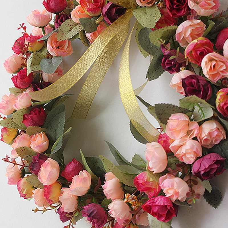 Романтический круглые искусственный венок из роз декор висит цветочные венки венок с шелковой Ленты для свадебного украшения