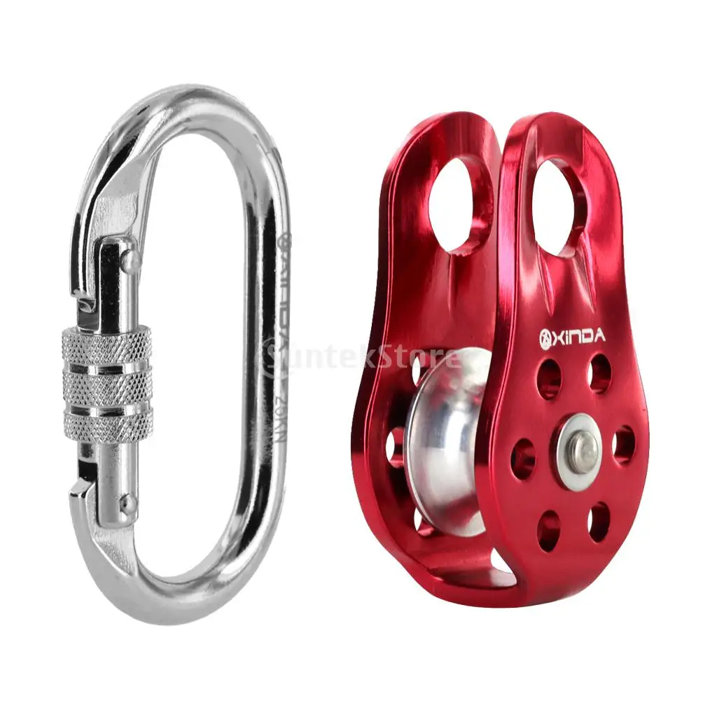 25KN Oval Screw Locking Snap Carabiner + 20KN Tree Rock Climbing Rappelling Fixed Rope Pulley