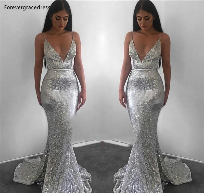 2019 Popular Silver Reflective Dress Evening Prom Gowns Mermaid Spaghetti Straps Women Occasion Sequined Party Gowns BC0851  119 (4)