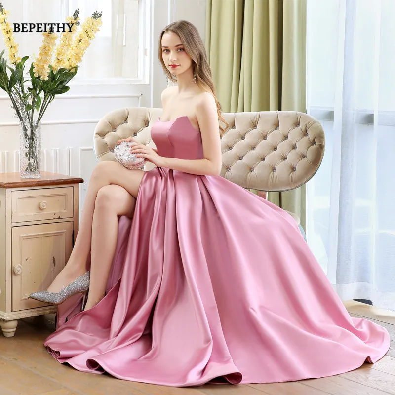 

Bling 2019 Strapless A line Long Evening Dress Robe De Soiree Sexy High Slit Pink Party Prom Gowns Abendkleider