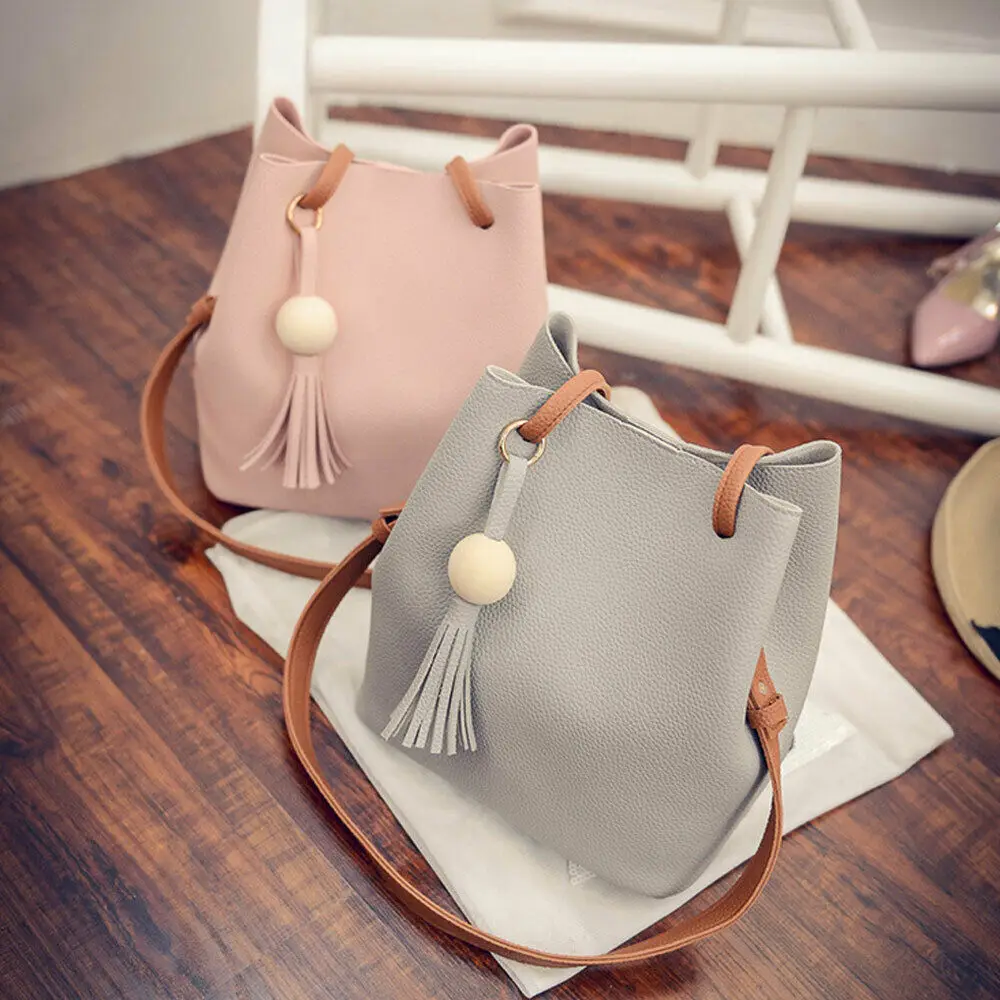 2pcs Vintage Fashion Small Women Bucket Bags Female Pu Leather Tassel Shoulder Girls Drawstring Messenger Crossbody Bag | Багаж и сумки