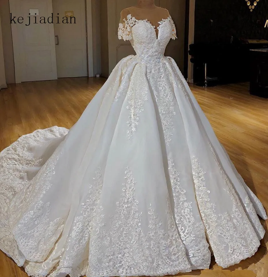 Luxury-Ivory-Satin-Ball-Gown-Wedding-Dresses-Short-Sleeves-Sheer-Neck ...