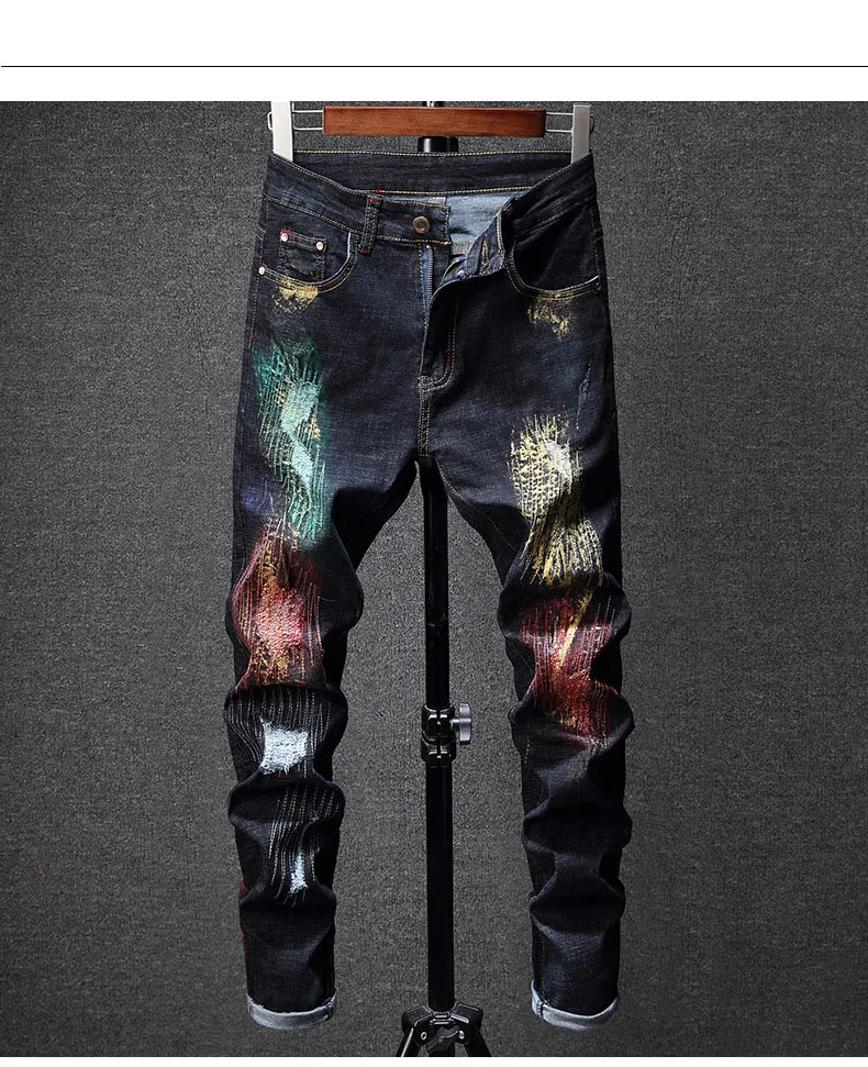 European American Style famous brand mens Denim jeans Men straight denim trousers zipper print Slim black hole jeans for men 
