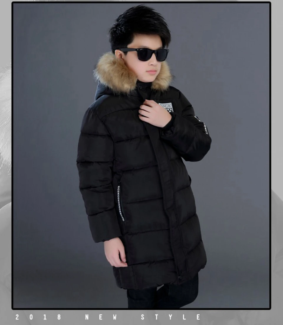 НОВЫЕ куртки для больших мальчиков, парка, верхняя одежда для подростков, детские зимние куртки на рост 110-170, пуховые пальто, теплый детский плотный хлопковый пуховик - Цвет: Черный