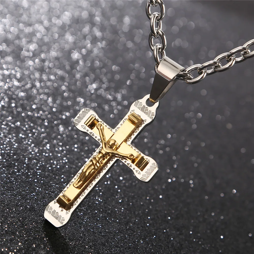 Jesus Mens Chain silver/Gold Tone Link chain Stainless Steel Cross PENDANT NECKLACE 24''