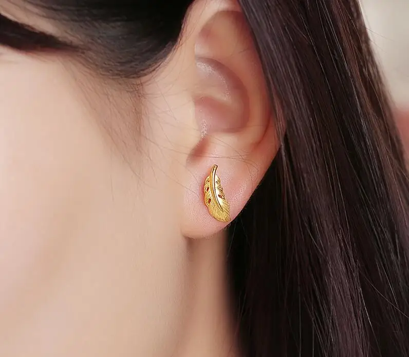 Fashion Pure 24K Yellow Gold Earrings Women Lucky Feather Stud Earrings